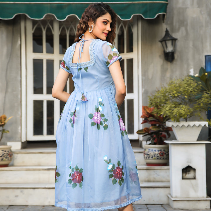 Blue Floral Handpainted Organza Maxi Dress
