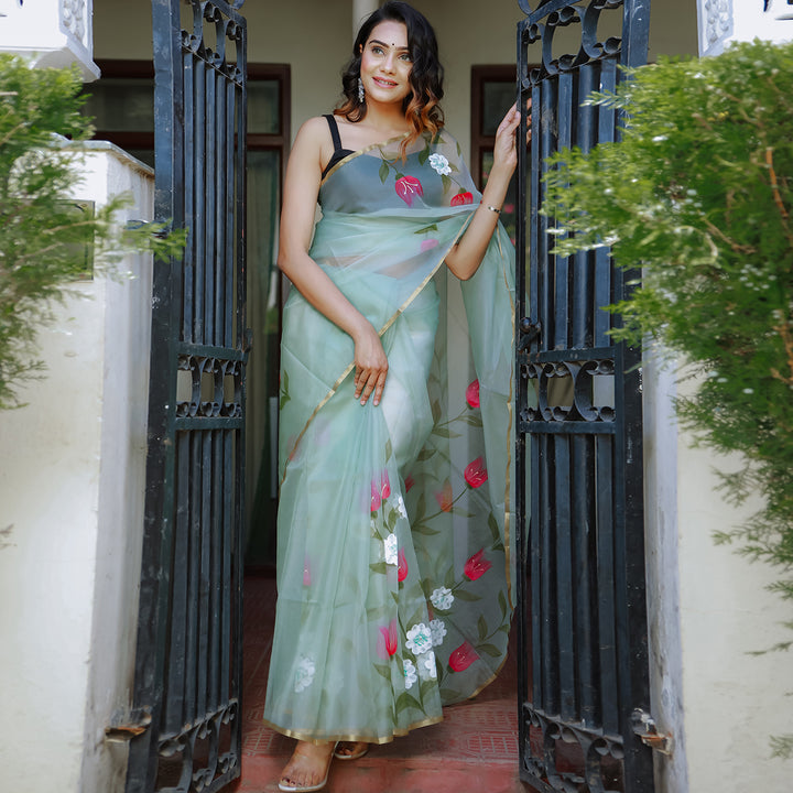 Mint Berry Handpainted Organza Saree