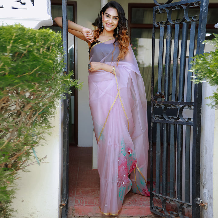 Lilac Nakhrasha Teaberry Handpainted Organza saree