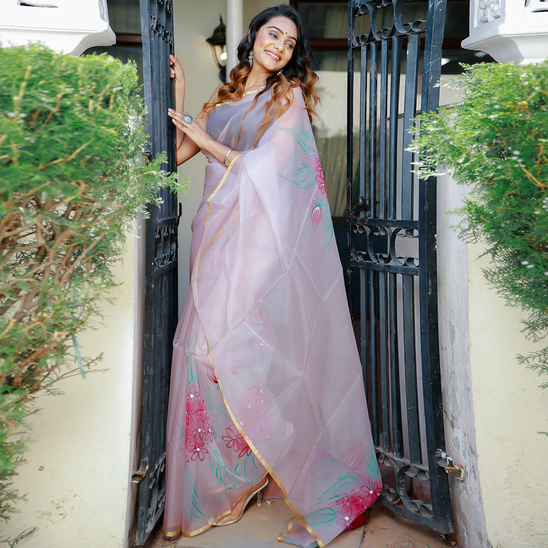 Lilac Nakhrasha Teaberry Handpainted Organza saree