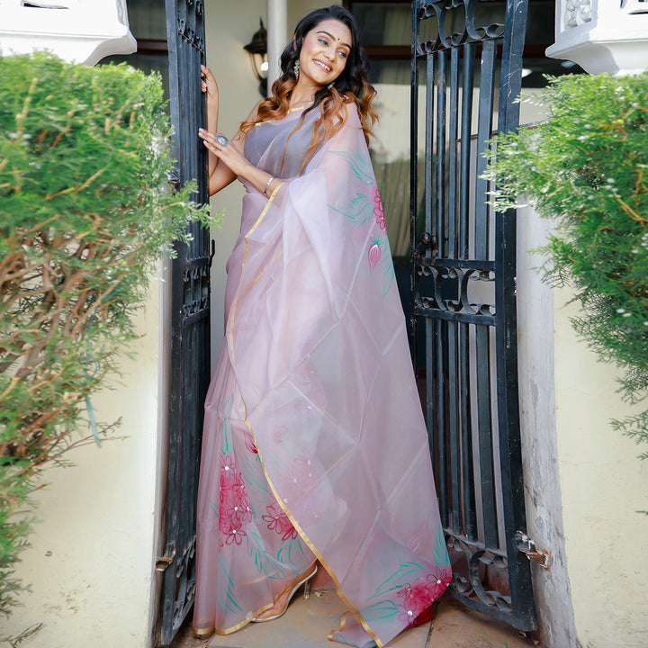 Lilac Nakhrasha Teaberry Handpainted Organza saree
