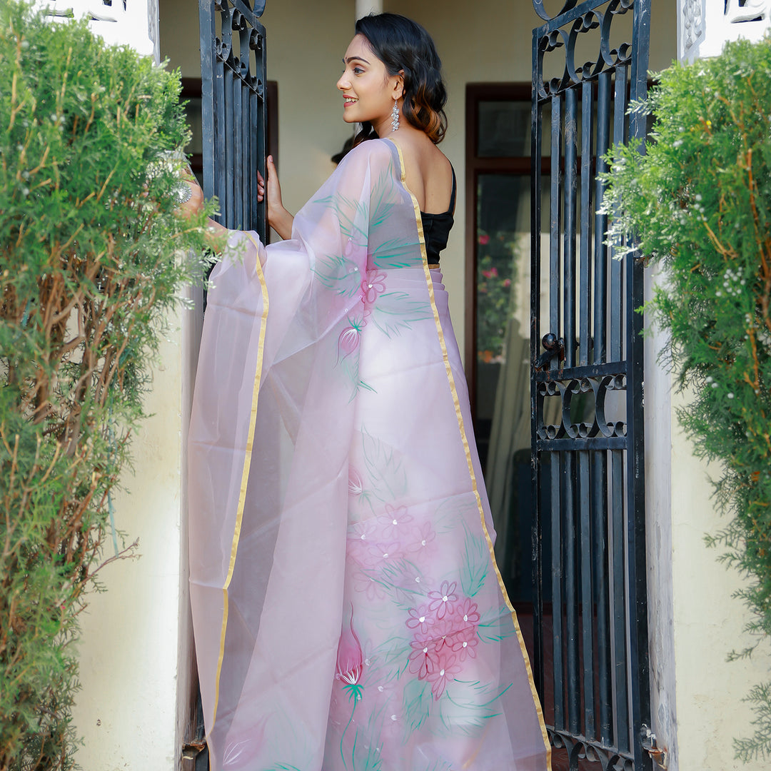 Lilac Nakhrasha Teaberry Handpainted Organza saree