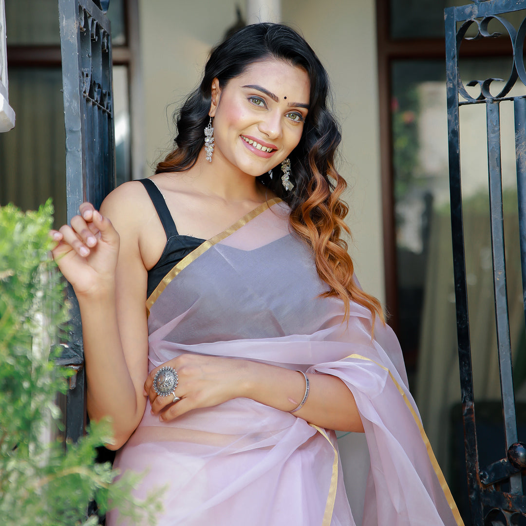 Lilac Nakhrasha Teaberry Handpainted Organza saree