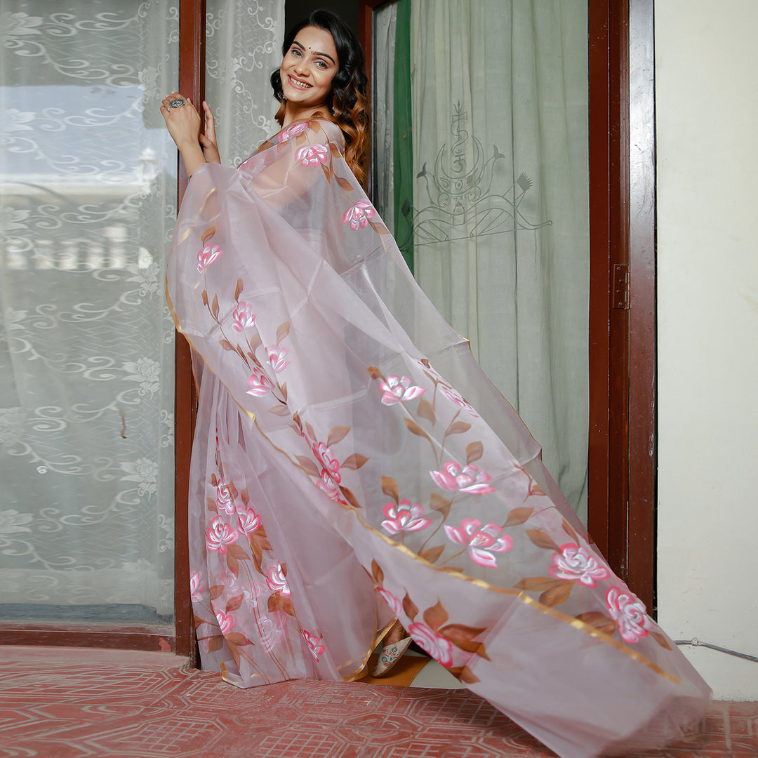 Moon Mist Berry Handpainted Organza Saree