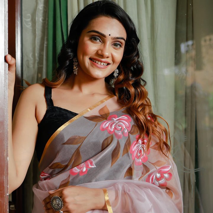 Moon Mist Berry Handpainted Organza Saree