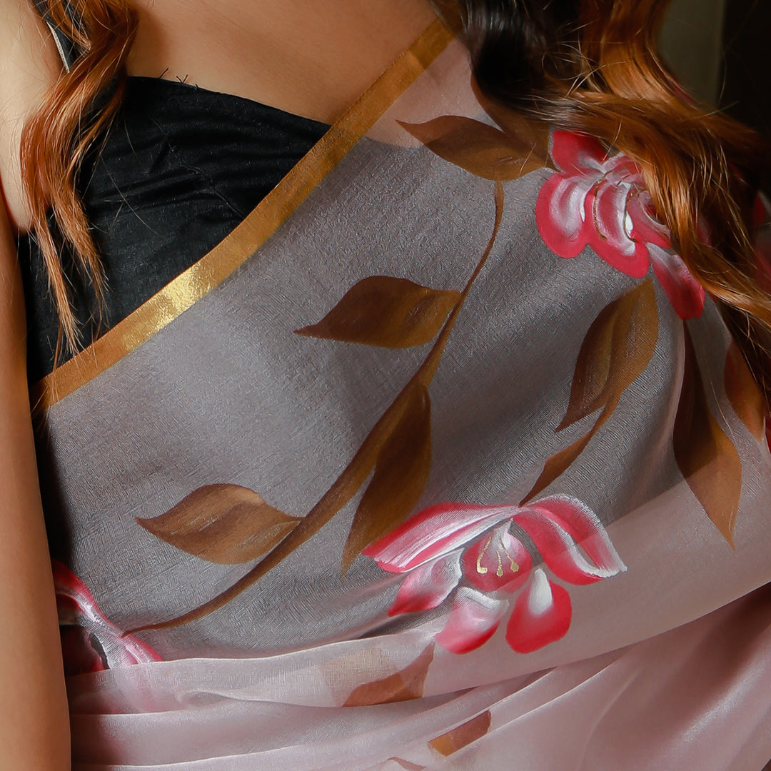 Moon Mist Berry Handpainted Organza Saree