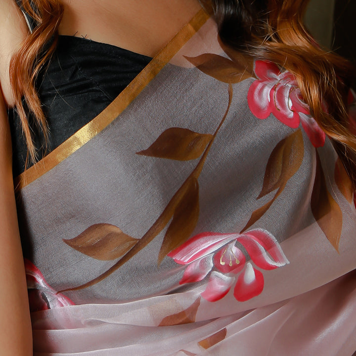 Moon Mist Berry Handpainted Organza Saree