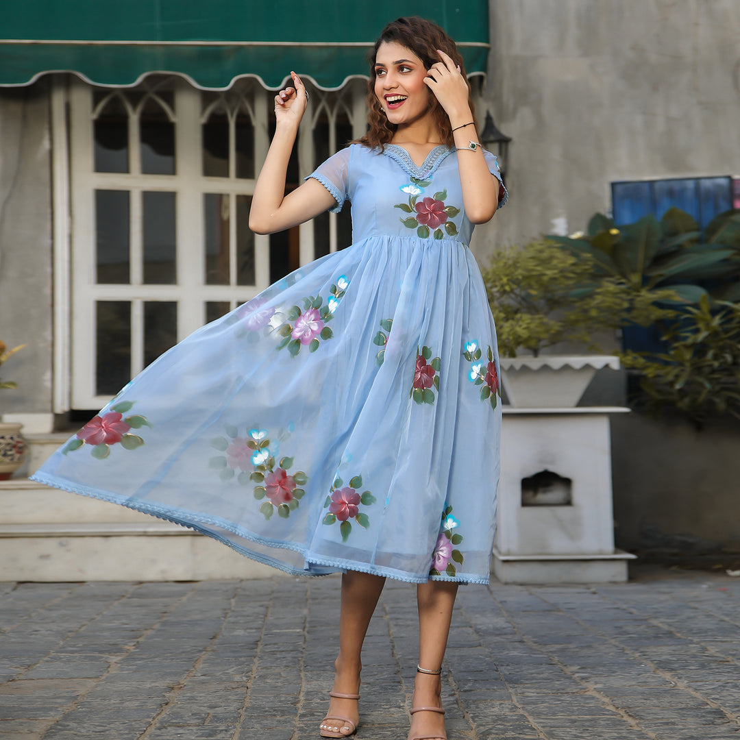 Blue Floral Handpainted Organza Maxi Dress