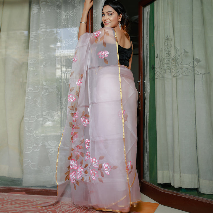 Moon Mist Berry Handpainted Organza Saree