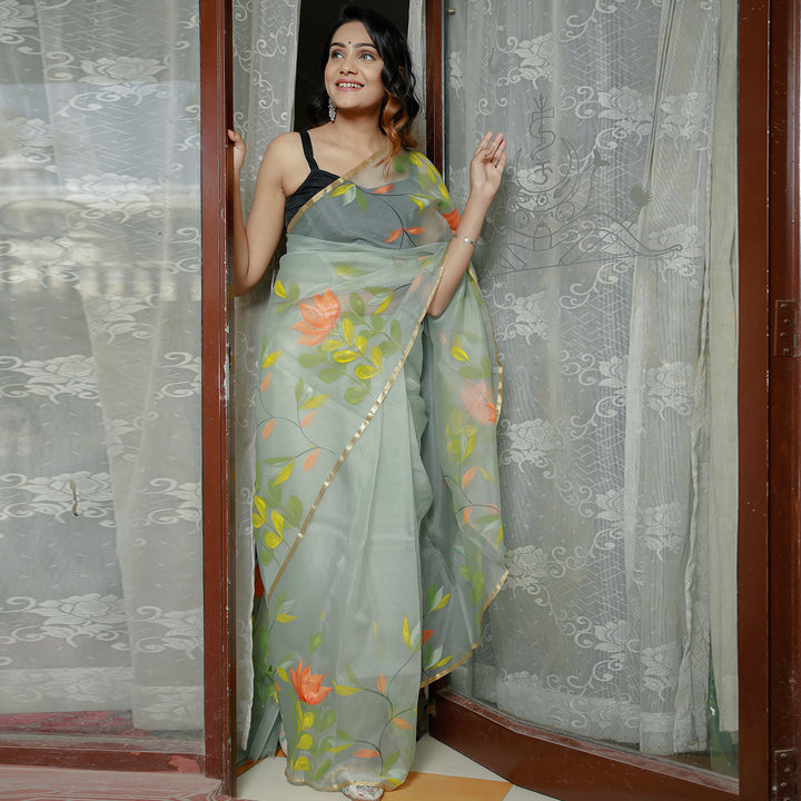 Mint Love Handpainted Organza Saree