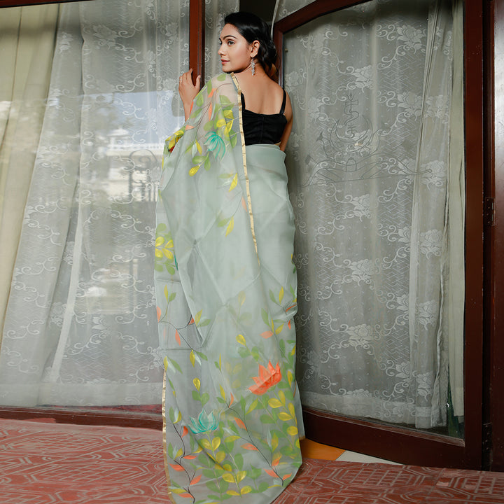 Mint Love Handpainted Organza Saree