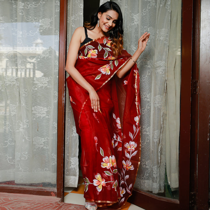 Raspberry Handpainted Organza Saree