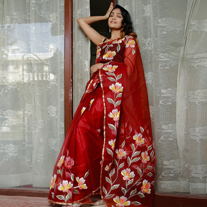 Raspberry Handpainted Organza Saree