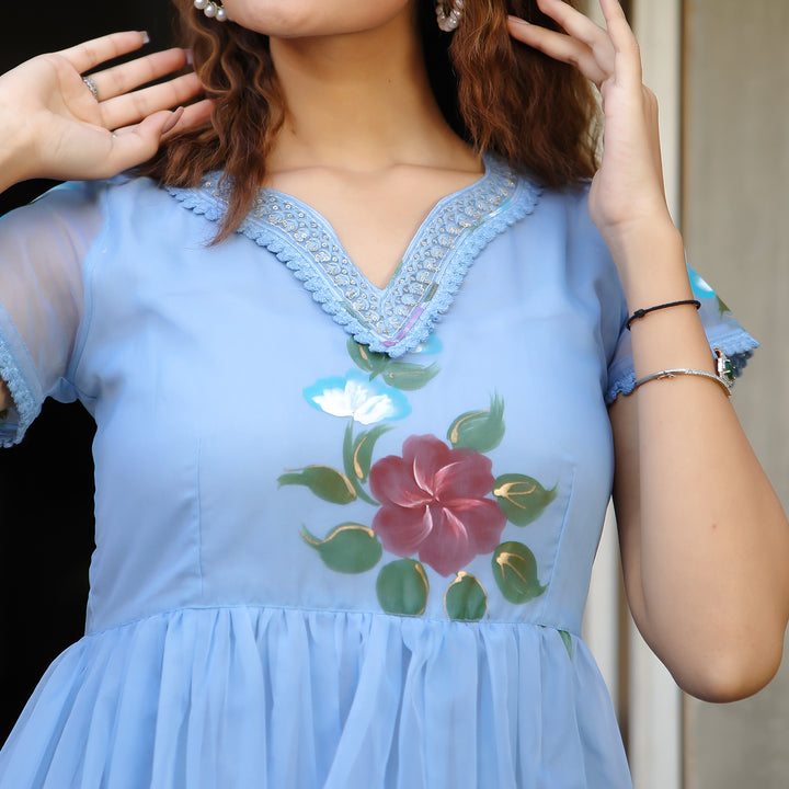 Blue Floral Handpainted Organza Maxi Dress