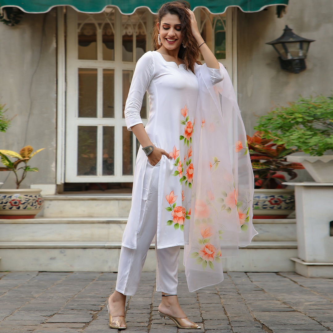 White Rose Rayon Handpainted Suit Set