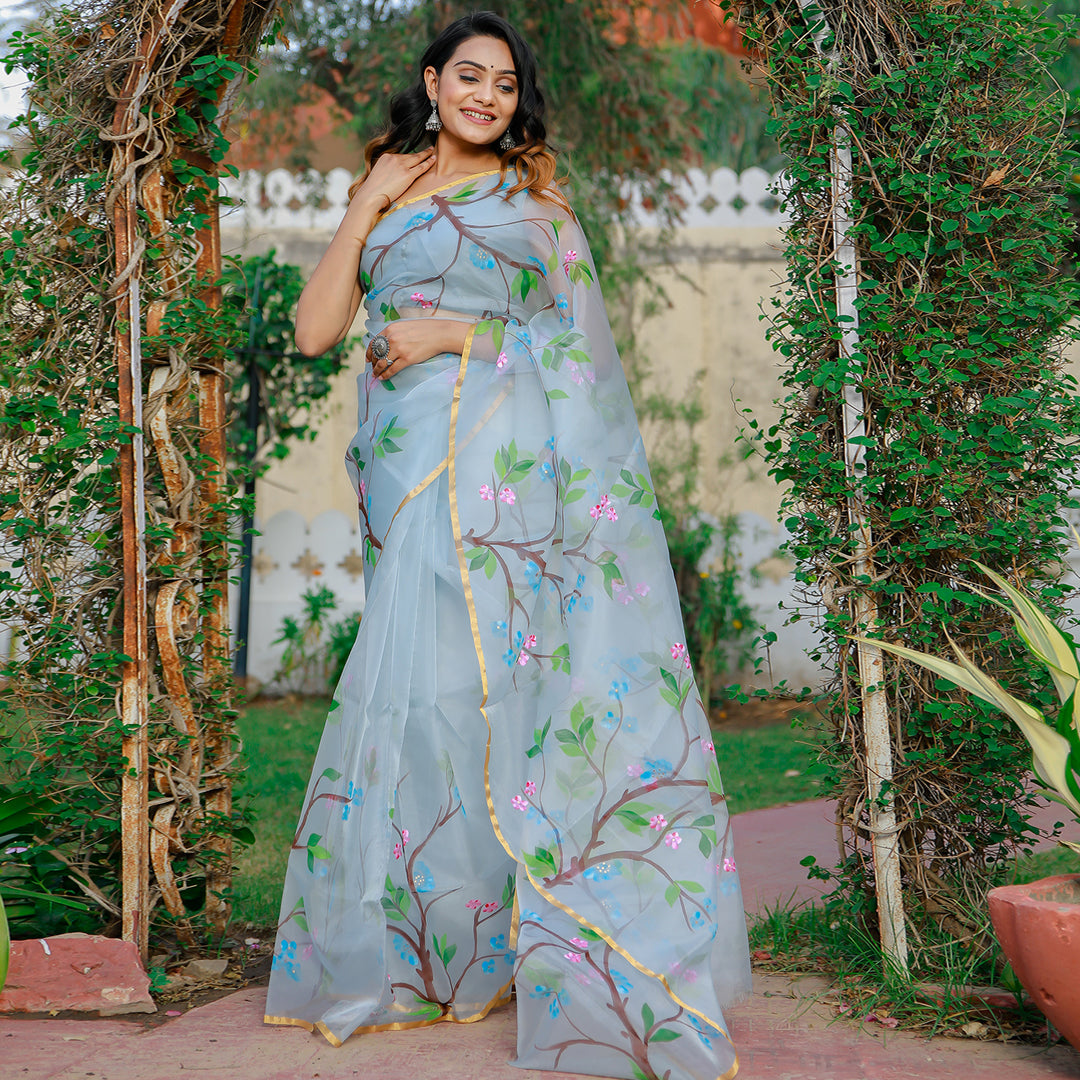 Trees Dusty Grey Handpainted Organza Saree