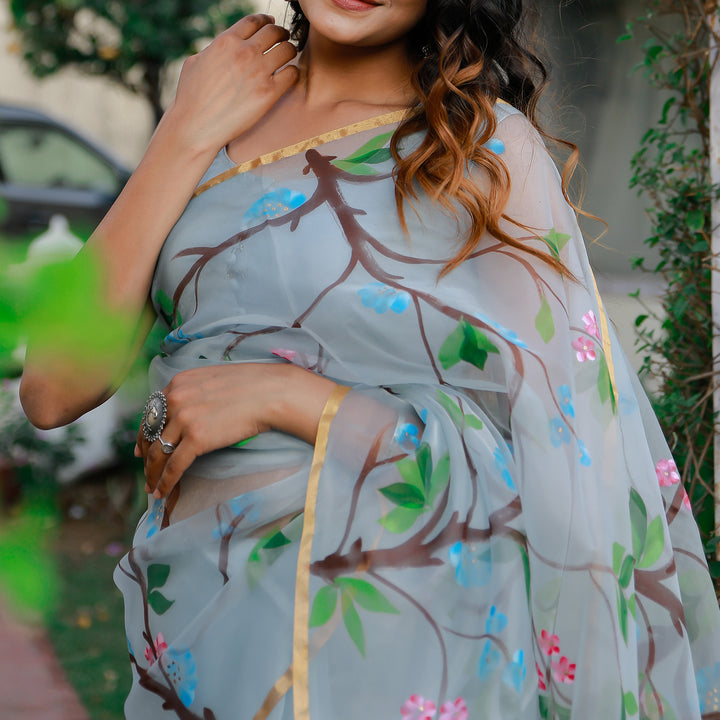 Trees Dusty Grey Handpainted Organza Saree