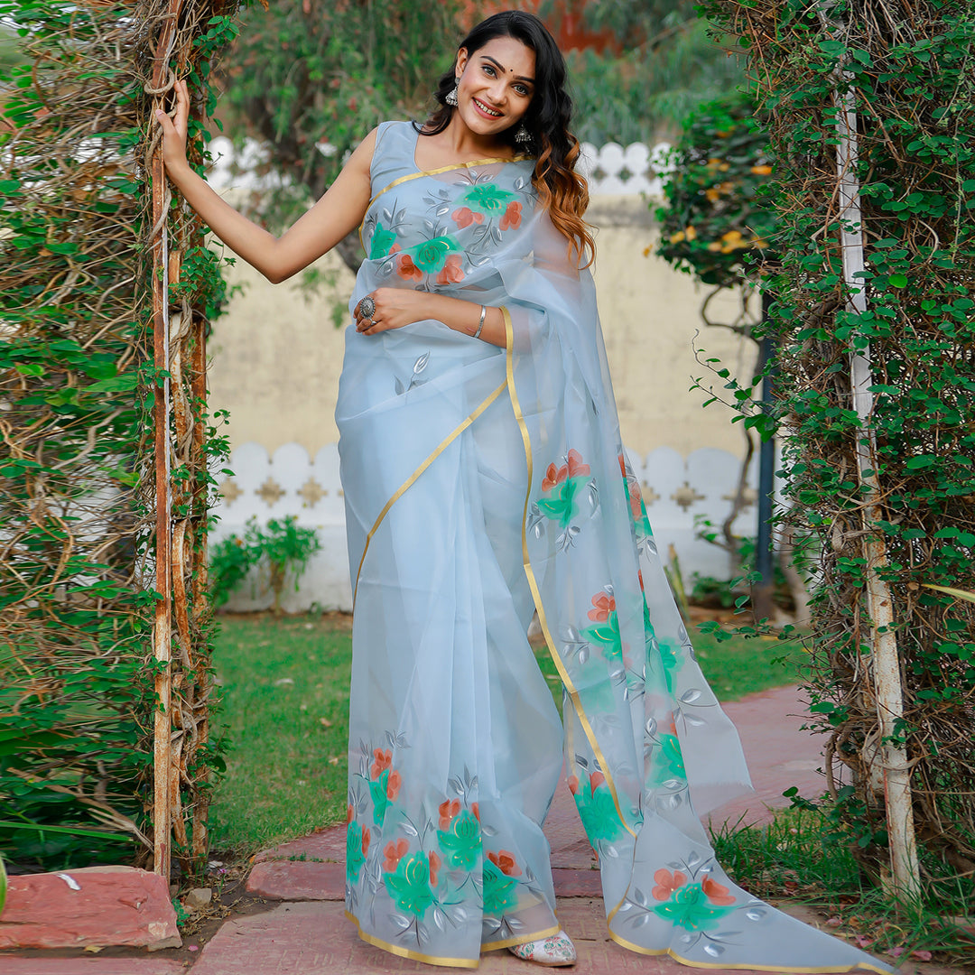 Shop Hand Painted Organza Sarees Online in India at Best Price - Aagza