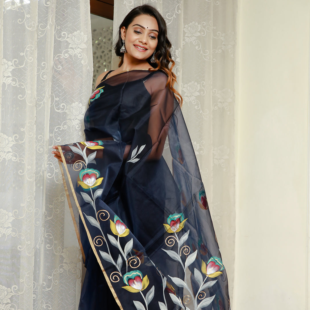 Mily Navy Blue Handpainted Organza Saree